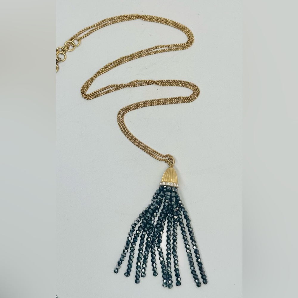 J Crew Gold Tone Black Tassel Necklace Long Chain Rhinestone